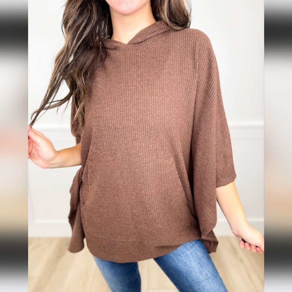 Dear Scarlett Mocha Brown Hooded Poncho Ribbed Top With Sleeves